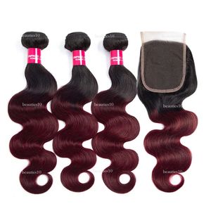 Body Wave Bury 페루 직조 묶음 1B/99J Ombre Human Hair 3 Closure