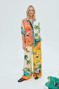 Trendy 2024 Neues Designer -Kleid Vintage Seiden Satin U -Boot Kokosnussbaumabdruck Set kurzarm Hemd Weitbein Hosen