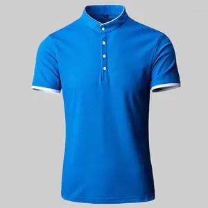 Polos masculinos 2024 Marca de moda Camisa polo de verão colarinho mandarim slim fit cor de cor sólida butão respirável casual tshirts top