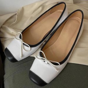 Casual Shoes Women's Genuine Leather Mix Color Patchwor Slip-on Ballet Flats Sweet Bowtie Student Style Bordered Ballerians Daily Shoe