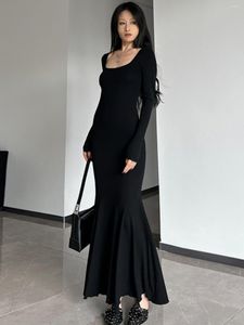 Vestidos casuais passo por lótus vestido de manga longa preta 2024 outono sexy slim fit
