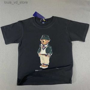 T-Shirts Neue Rl Casual Pure Cotton Black Fisherman Hut Little Bear Boys T-Shirt Girls T-Shirt Childrens Round Neck T240416