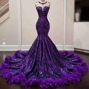 Purple Feathers Mermaid Prom Dresses For Black Girl Sequin Birthday Women Party Dresses Robes De Bal Evening Gown