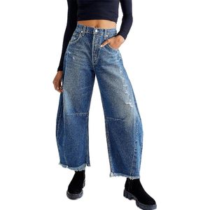 Frauen Jeans Baggy Wide Leg Jeans Fass Hufeisen Freund geschnittene Rohem Saum -Denimhose Trendy Vintage Wide Leg Hosen