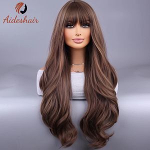 Wig Bangsbrown Curly Hair Wig With Bangs Natural Realistic Full Head Cover 240407