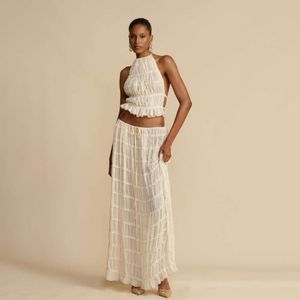 2024 New Open Back Lace Up Neck Top with Wooden Ear Edge Chiffon Pleated Long Skirt Set of Two F41688