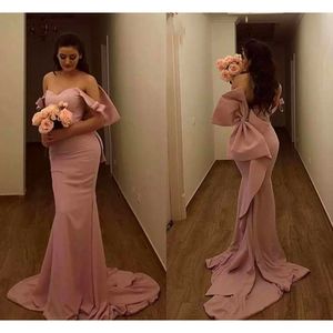 Nude Pink Big Bow Mermaid Maid Of Honor Elegant Off The Shoulder Long Bridesmaid Dresses Satin Wedding Guest Gowns L139