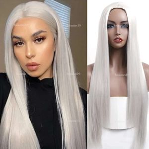 Long Silky Straight Wig White Hair Synthetic No Lace Women Girls Costume Middle Part Heat Resistant Cosplay Party Daily Use Natural Hairline y line