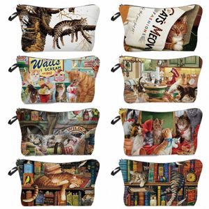 high Quality Cosmetic Bag Hot Sale Pencil Cases Oil Painting Cat Printed Makeup Bag Retro Fi Women's Bag Portable Organizer I6Lg#