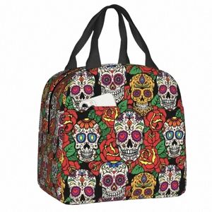 custom Frs Sugar Skull Pattern Lunch Bag Women Cooler Warm Insulated Lunch Box for Kids School Work Food Picnic Tote Bags M59L#