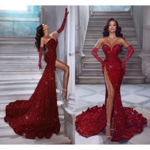 Sparkle Red Sequined Evening Dresses Sexy High Thigh Split Women Occasion Party Gowns Off Shoulder Backless Sweetheart Vestidos de fiesta BC15159