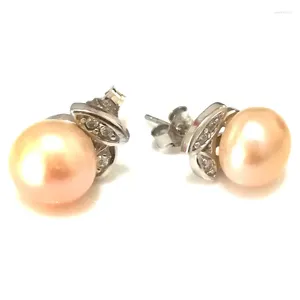 Orecchini per borchie 9-10 mm Pulsante rosa naturale Pearl 925 Orero in argento sterling con zirconia