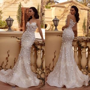 Appliques Fancy D Floral Wedding Dresses Sequins Mermaid Bridal Gowns Lace Illusion Slim Custom Made Sleeveless Vestidos De Novia