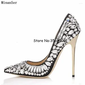 Dress Shoes Top Sale Rhinestone Wedding Party Black White Stiletto Pointed Toe High Heels Shinny Crystal Woman Pumps