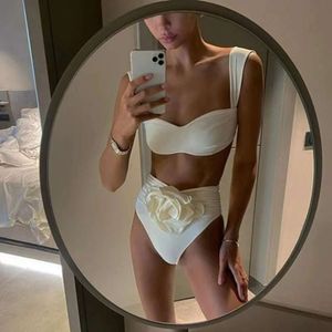 2024 Women Swimsuit podzielony dwuczęściowy zestaw z trójwymiarowymi kwiatami Rose High talia seksowne bikini