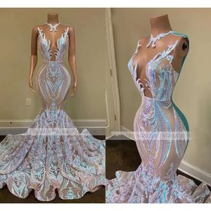 Prom Dresses Black Girls Sparkly paljett Långt svep Train Sexig Sheer O Neck Mermaid African Women Gala Evening Party Gowns Robes