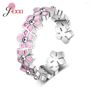 Cluster Rings Romantic Women Girls Openning 925 Sterling Silver Pink Flower For Wedding Party Anniversary Jewets Gifts