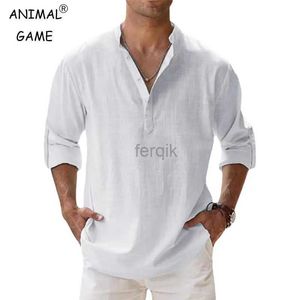 Men's Casual Shirts New Mens Cotton Linen Long Sleeve Button Down Shirt Band Collar Loose Tops M-5XL 24416