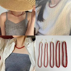 Choker 4/6/8/10mm Red Color Beaded Necklaces Agate Gold Plated Beads Clavicular Chain Handmade Chokers Girl