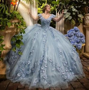 Sky Blue Princess V-Neck Abito da ballo Quinceanera Abiti dalla spalla Appliques floreali 3D Floral Lace Vestido de 15 Anos Sweet 16