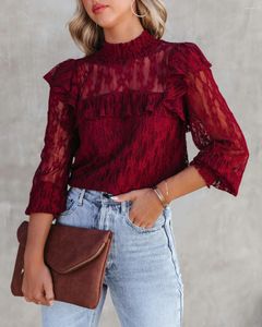 女性用ブラウスヨーロッパスタンドカラーかぎ針編みの長袖レースシャツ