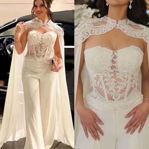 Elegant White Jumpsuits Evening Dresses With Long Wrap Lace Appliques Beaded Strapless Corset Pants Suit Prom Gown For Women Illusion Sexy Special Occasion Wear