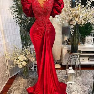 Size Arabic Plus Aso Ebi Red Mermaid Lace Prom Dresses Beaded Sheer Neck Veet Evening Formal Party Second Reception Gowns Dress