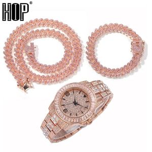 Hip Hop Bageti Saat Kolye Bilezik 12mm Buzlu Döşen Pembe Rhinestones Miami Prong Küba Zinciri Kadın Erkek Mücevherler Chai316y