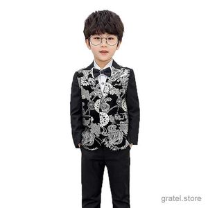Suits Childrens Day Performance Graduation Dress Boys Silver Pressed Jacket+Pants 2Pcs Clothing Set Kids Luxurious Wedding Suit