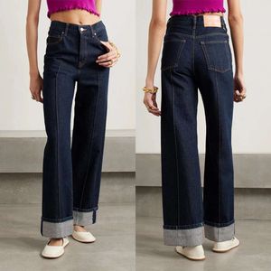 2024 Spring New Refreshing and Simple Mid Waist Elastic Loose Straight Deep Blue Denim Pants Womens Wide Legs