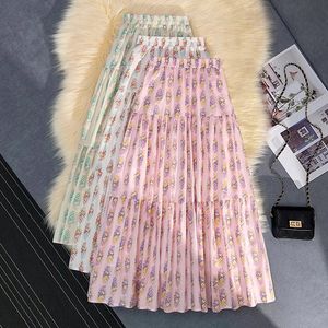 Tigena estetiskt blommigt tryck bomull lång kjol för kvinnor sommar koreansk avslappnad söt en linje hög midja maxi kvinna 240416