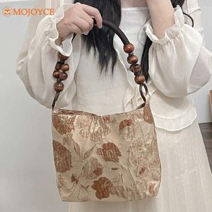 Evening Bags Women's Underarm Bag Jacquard Fabric Bucket Vintage Hand Summer Brown Wood Beads Handle Chinese Style Solid Tote