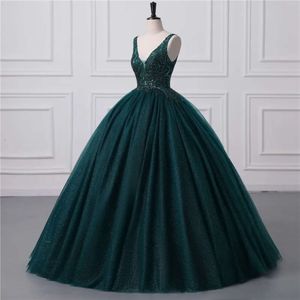 Shiny Dark Green Sequined Tulle Quinceanera Dresses Sexy Backless V Neck Ball Gown Evening Prom Gowns With Corset Back Bm3506 127