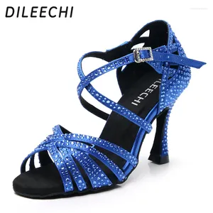 Scarpe da ballo Dileechi Donne Party Satin Shining Rhinestones Soft Bottom Latin Black/Blue Salsa Tacco 9 cm