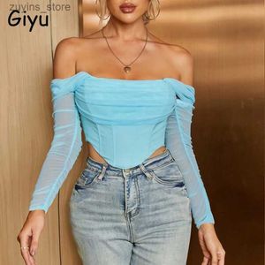 Tanques femininos Camis Giyu Sexy Club Party Bloups Women Women Summer Mesh Mesh Camisetas fora do ombro sem costas do zíper da colheita de cortesio BLUSAS FEMME 240129 L49