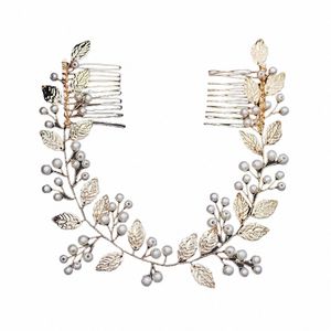 Pearl Bridal Wedding Hair Accores Leaf Hårkam för kvinnor Guldfärg Hårstift Brudhuvudmycken gåvor J9at#