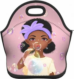 Czarna dziewczyna drukuj neoprenowe torby na lunch dla kobiet szczelne chłodnica torba termiczna lunch pudełko i2vf#