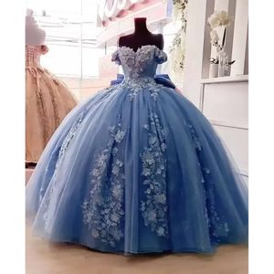 Sky Blue Quinceanera Dresses With 3D Floral Applique Vestidos XV Sweet 16 Dress Bow Bc13150