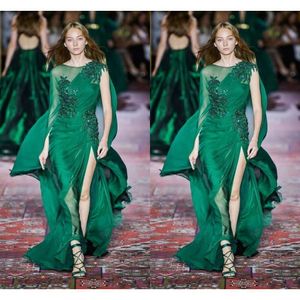 YENİ ZUHAIR MURAD Koleksiyonu Koyu Yeşil Elbiseler Uzun Kollu Mücevher Boyun Şifon Süpürme Treni Resmi Balo Elbise Partisi Gowns Ogstuff