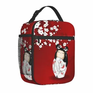 Kokeshi Doll Red Black White Blossoms断熱されたランチバッグ日本の女の子アートフードボックスクーラーサーマルランチボックススクール21cj＃