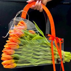 Kopplingspåsar Portable Flower Packing Bag Transparent Box med handtag färsk inpackning Handväska bröllopspresenter