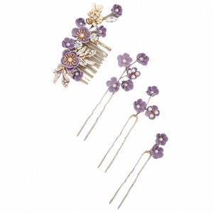 Purple FR Headdr Set Rhinestes Hair Combin Pins Alloy Leaves Wedding Head smycken handgjorda brud hår accores 14mx#