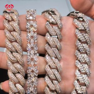 Qian Jian Jewelry 14mm Mossanite Diamond SterlingSier Gold Miltated Moissaniteキューバチェーンネックレス