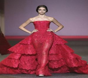 Michael Cinco Red Ball Gown aftonklänningar spetsar applikationer svep tåg ren tyllklänning med skivfruta ruffles axelfri formell wome1051635