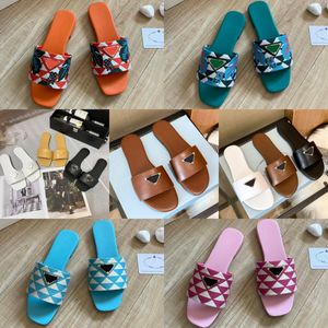 Women Luxury Triangle Slippers Designer Sandals Flat Slides Summer Fashion Black White Blue Brown Pink Leather Beach Embroidered Dazzle Flip Flops Scuffs