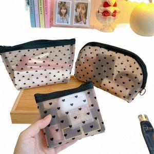 Mesh Cosmetic Makeup Påsar Fallhållare Söt transparent blixtlås Black Heart Printed Pencil Pen Case Pouch Cvenient för att bära A6FZ#