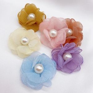 Decorative Flowers 10PCS/Lot 5CM Organza Chiffon Fabric Pearl Center Artificial For Wedding Dress Hats Decoration DIY Sewing Applique