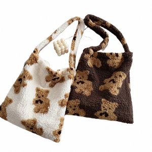 women Lamb Like Fabric Shoulder Tote Bag Canvas Fluffy Fur Bear Handbags Large Capacity Soft Shop Bags Girls Cute School Bag p18q#