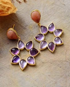 Stud luxus Frauen Blumen Amethysten Gold plattiert Gestüt halbpreizige Steine Ohrringe Party eleganter Schmuck Bijoux Ganzes Dropship 2218426875