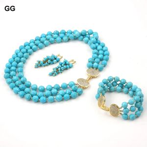 GG smycken 3 strängar blå skärvinkel runda fasetterade turkoisar ädelstenar Stone Cz lås halsband armband örhängen uppsättningar för kvinnor 240401